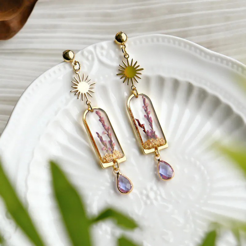 Dried Flower Bulk - Boucles d'oreilles uniques en lavande violette,